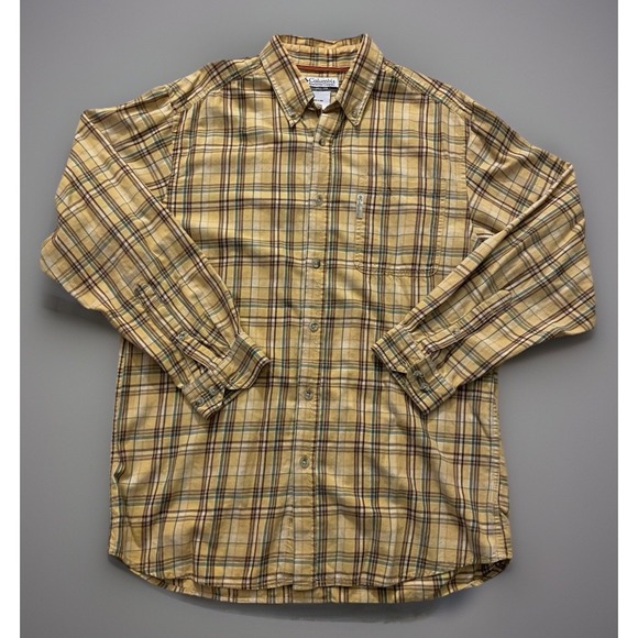 Columbia Long Sleeve Button Up Shirt Checker Plaid Yellow Brown Medium JBHS - Picture 1 of 9